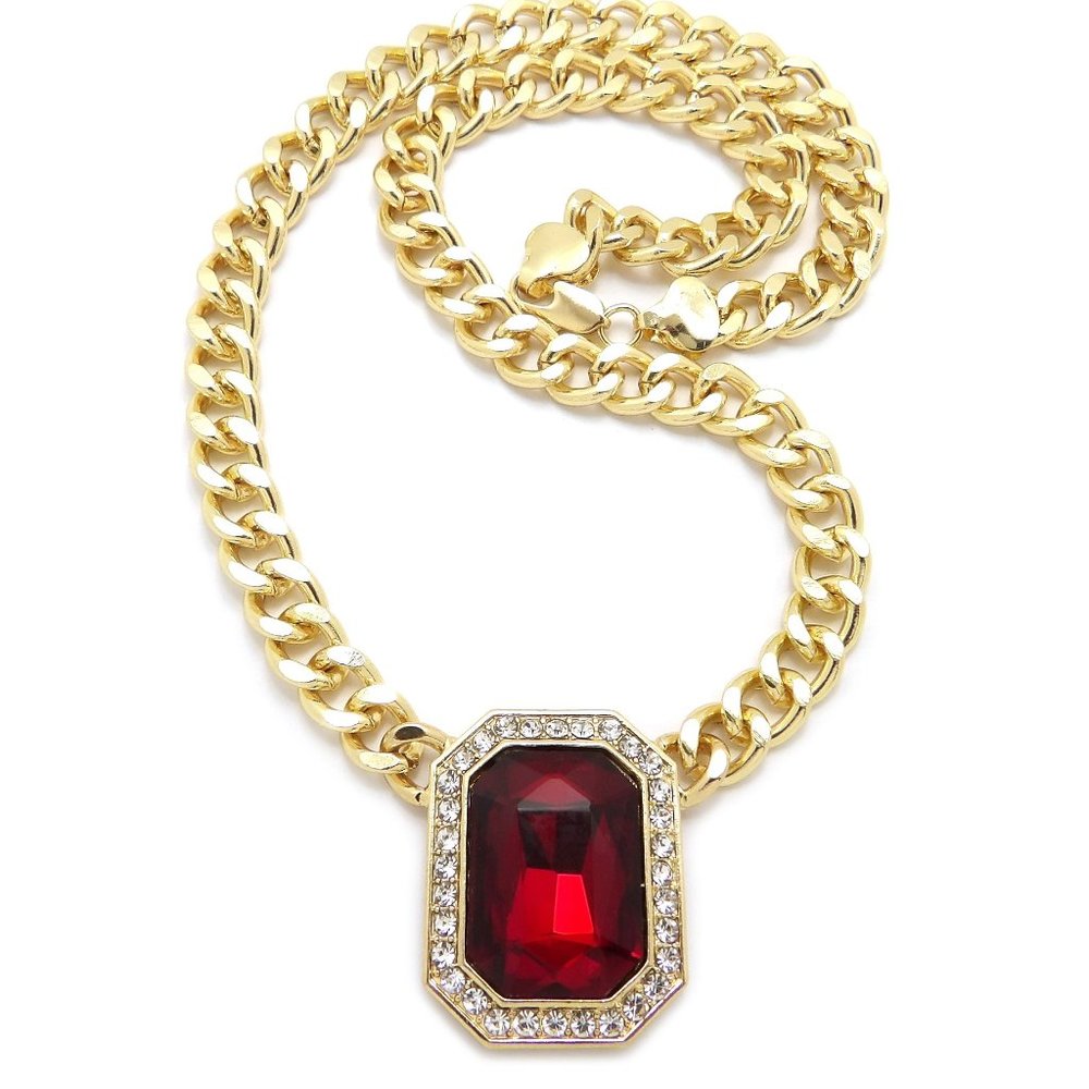 Iced Red Gemstone Pendant 9mm/18" Cuban Chain